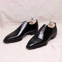 霍尔文马臀皮牛津鞋一片式正装男士尖头系带黑皮鞋固特异手工定制