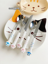 刀叉勺三件套猫爪304不锈钢西餐餐具可爱儿童学生收纳盒牛排套装