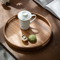 胡桃木家用圆形托盘日式实木盘子木质咖啡托盘果盘茶盘零食收纳盘