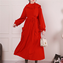 秋冬新款加绒加厚长袖复古风红裙订婚大码连衣裙宽松显瘦法式长裙