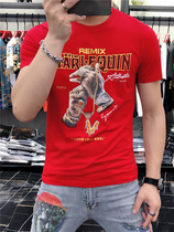 男士红色t恤夏季欧洲站潮牌高端纯棉男修身印花短袖2022新款上衣