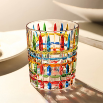 法国复古哥特式手工彩绘玻璃杯子彩色水杯小众设计感威士忌洋酒杯