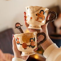 可爱高脚马克杯女生日礼物陶瓷喝水杯带勺家用办公室早餐咖啡杯子