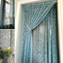 复古蓝色美式成品窗帘 客厅阳台飘窗地中海窗纱帘 欧式蕾丝门帘