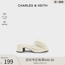 CHARLES&KEITH春夏女鞋CK1-61720141蝴蝶结装饰粗跟方头拖鞋女