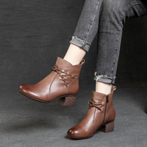 秋冬季新款女式靴子真皮软底中跟短靴圆头复古擦色中年妈妈鞋单靴
