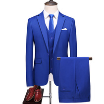 宝蓝色西装男士修身大码西服三件套休闲纯色商务职业外套马甲西裤