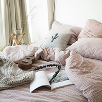 日式全棉格子水洗棉四件套床品 纯棉被套纯色床单被单床上用品