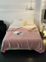球球毛毯 法莱绒简约可爱粉色条纹加厚办公室保暖毯沙发装饰毯子