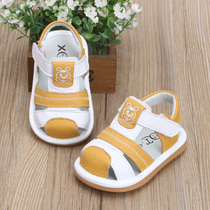夏季新款1-3岁皮面男女童婴幼儿学步鞋防滑软叫叫鞋卡通宝宝凉鞋2