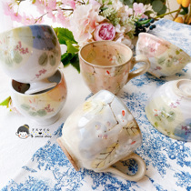 现货日本进口濑户烧陶器手绘釉下彩花兔子对装马克杯甜点杯子饭碗