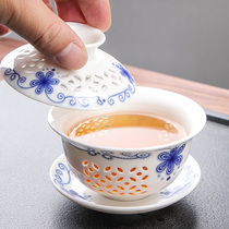 玲珑镂空茶具青花三才盖碗茶杯单个不烫手泡茶碗三泡台陶瓷沏茶碗