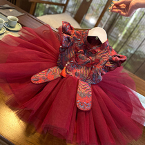 女童旗袍周岁礼服夏季新款超仙中国风红色汉服冠衣儿童唐装公主裙