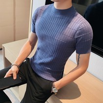 春季男士纯色中领短袖打底衫韩版修身半高领休闲针织T恤高弹体恤