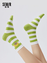森马袜子女士春季抗菌舒适透气弹力条纹日常休闲风卡通中筒运动袜