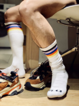 D.M男袜 彩虹条纹毛圈袜高筒长筒袜子 潮时尚运动休闲足球袜 运动