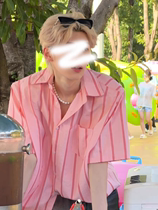 粉红色条纹衬衫短袖男夏季薄款冰丝高级感衬衣男生穿搭美式外套