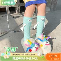 儿童牵手袜子夏季纯棉多巴胺粉色女童小腿袜可爱宝宝中长筒堆堆袜