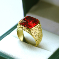 欧美时尚个性24K黄金色钛钢红宝石戒指男士方形戒子大气韩版指环