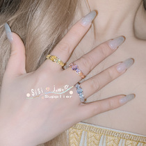 SIsi新款欧美时尚轻奢彩宝嘻哈戒指个性 单排AAA粉锆石指环原创女