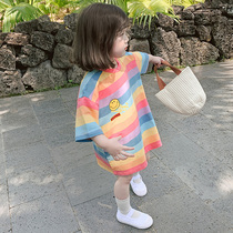 女童韩版T恤长款彩虹上衣儿童彩色条纹连衣裙子夏装新款宽松童装