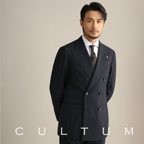 CULTUM100支70%羊毛那不勒斯蓝条纹双排扣西服男套装正装商务西装