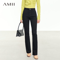 Amii时髦微喇叭牛仔裤女式秋季百搭修身显瘦字母刺绣黑色休闲长裤