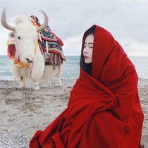 西藏青海湖草原旅游拍照秋冬季围巾男女保暖加厚仿羊绒酒红色披肩
