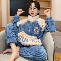2023秋冬超人卡通男童坑条珊瑚绒拉链款睡衣青少年男孩家居服套装