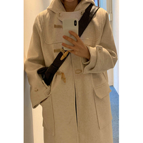 连帽毛呢外套女新款冬季韩版中长款小个子牛角扣加厚学生呢子大衣