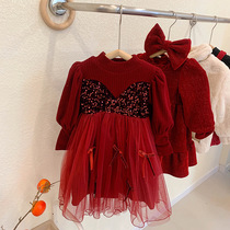 女童拜年服冬季女宝宝加厚加绒毛衣裙子时髦红色连衣裙儿童过年服