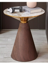 设计师意式轻奢岩板木纹圆形茶几极简创意小户型客厅边几艺术角几