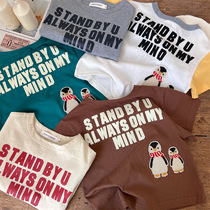 儿童短袖T恤2024夏季新品男女童字母企鹅半袖上衣小童宝宝体恤衫