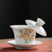 德化白瓷三才盖碗功夫茶具单个陶瓷大号可悬停羊脂玉泡茶杯带盖子