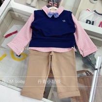 韩国21年秋款男宝宝童装深蓝条纹假两件领结卡其裤休闲套装礼服