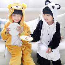 功夫熊猫轻松熊卡通动物连体睡衣儿童家居服套装小孩表演出法拉绒
