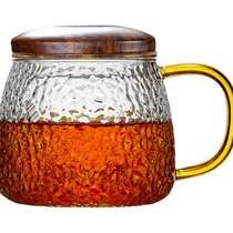 悦物锤纹带盖子玻璃杯茶水w分离茶杯杯子家用带把水杯泡茶杯花茶