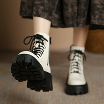 增高系带真皮白色马丁靴女2023秋冬新款加绒小个子英伦风厚底短靴