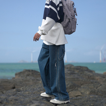 E2023秋季男牛仔裤420g重磅复古大牌范宽松阔腿直筒个性垂感长裤