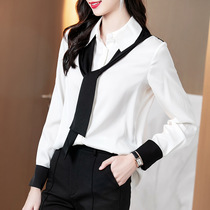 真丝衬衫女2020秋季新款欧美时尚黑白撞色气质飘带桑重磅蚕丝衬衣