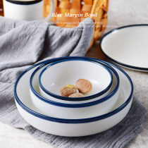 北欧简约描边汤碗创意陶瓷饭碗大号家用圆形西餐甜品水果碗沙拉碗