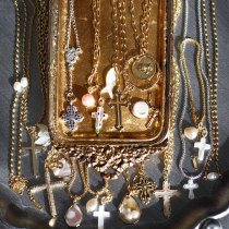 欧美国意大利贝母天然珍珠注金十字架复古潮流项链vintage包邮