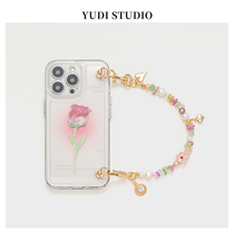 一支玫瑰彩色天然水晶珍珠手提链条夏天适用苹果13promax手机壳仙