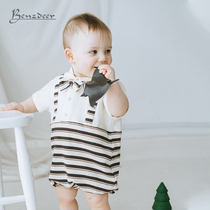 韩国Benzdeer 23夏男宝宝婴儿童连体衣条纹领结背带百天周岁礼服