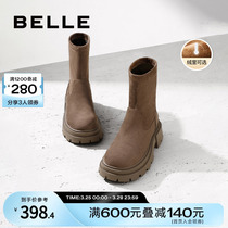 百丽厚底弹力靴女2023冬季新款女靴加绒靴子显瘦中筒靴B1624DZ3