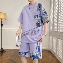 中国风套装男夏季潮流大码宽松休闲华夫格夏天短袖T恤短裤两件套