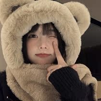 小熊耳朵帽子围巾一体女冬季韩版卡通可爱毛绒保暖围脖手套三件套
