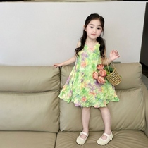 女童扎染吊带背心裙韩版洋气绿色连衣裙夏款小童裙子洋气公主裙潮
