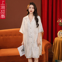 上海故事睡衣睡裙冰丝中袖线条小熊高级感宽松春夏薄款丝绸家居服