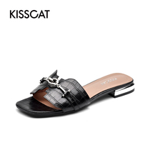 KISSCAT/接吻猫夏季都市休闲平跟链条方头压纹一字拖女KA21303-10